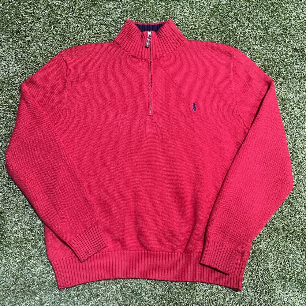 Polo Ralph Lauren Sweater Mens Sz XL Pullover Quarter Zip Red Cotton Preppy Knit